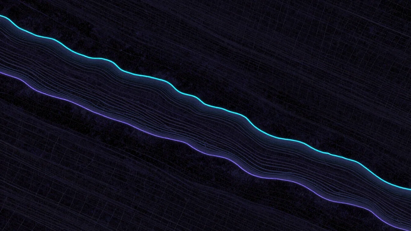 Abstract luminous geological strata rendered as fine cyan contour