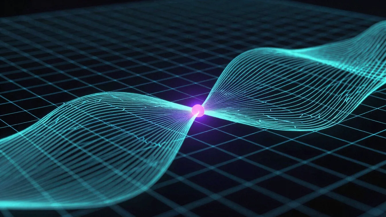Abstract scientific data grid with soft cyan light traces and a v