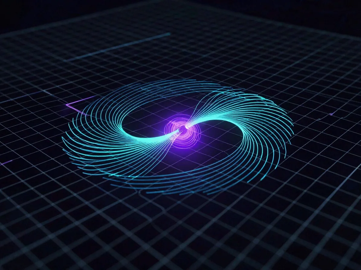 Abstract analytical grid with soft cyan light traces and a violet luminous sample node, midnight navy-black, no text