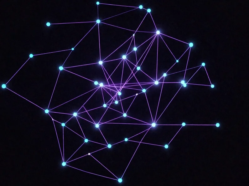Abstract constellation of faint cyan nodes linked by thin violet lines on midnight navy-black, open negative space, no t
