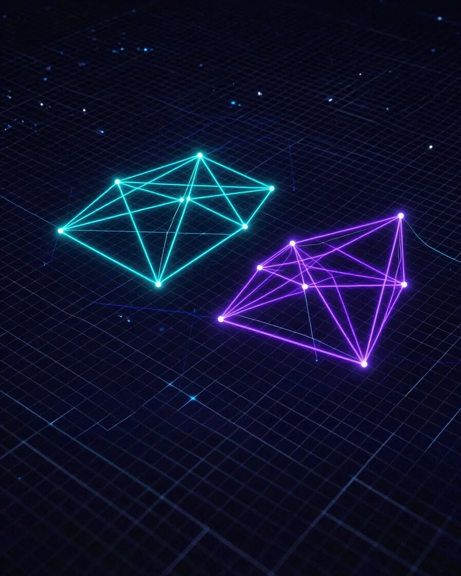 Abstract geometric diagram of luminous cyan and violet network lines linking separate data grids, midnight navy-black ba