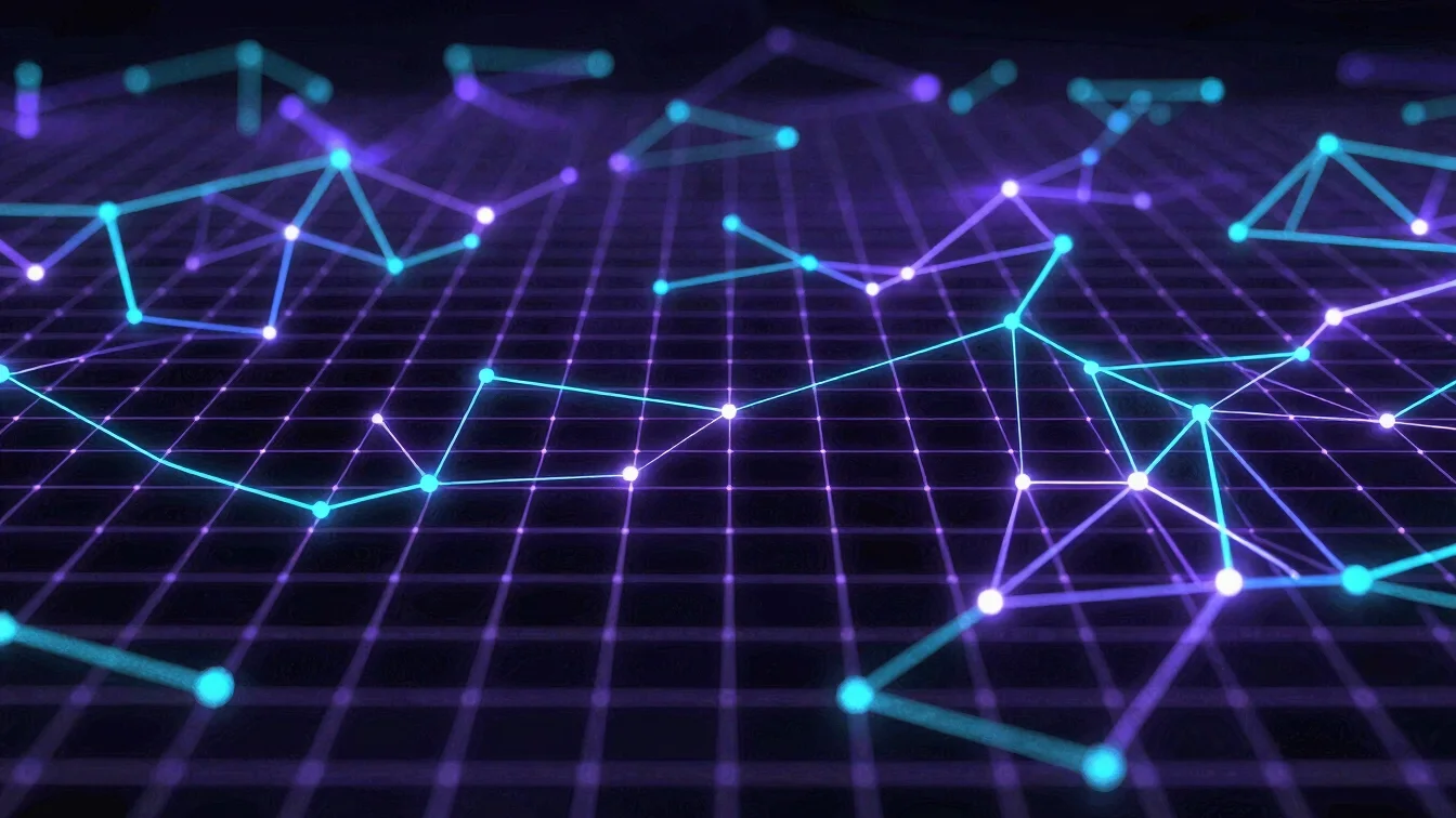 Abstract glowing neural network nodes linked by thin cyan lines o